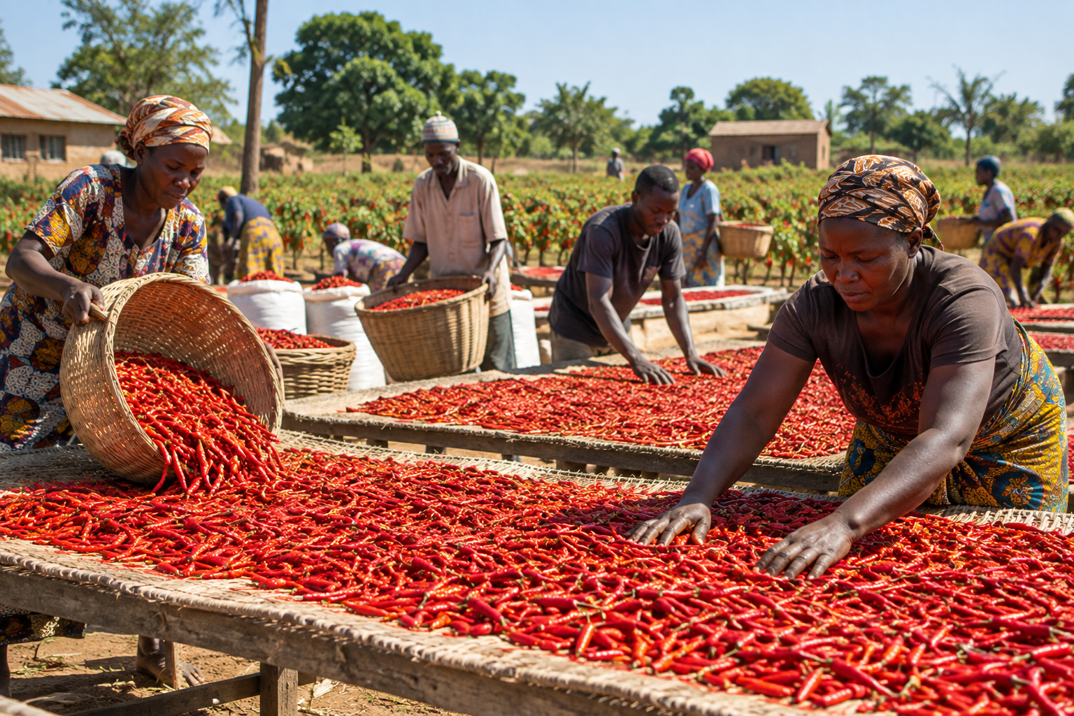 Sun-drying fresh harvest red chillies on raised yards to reduce moisture and lock in pungency