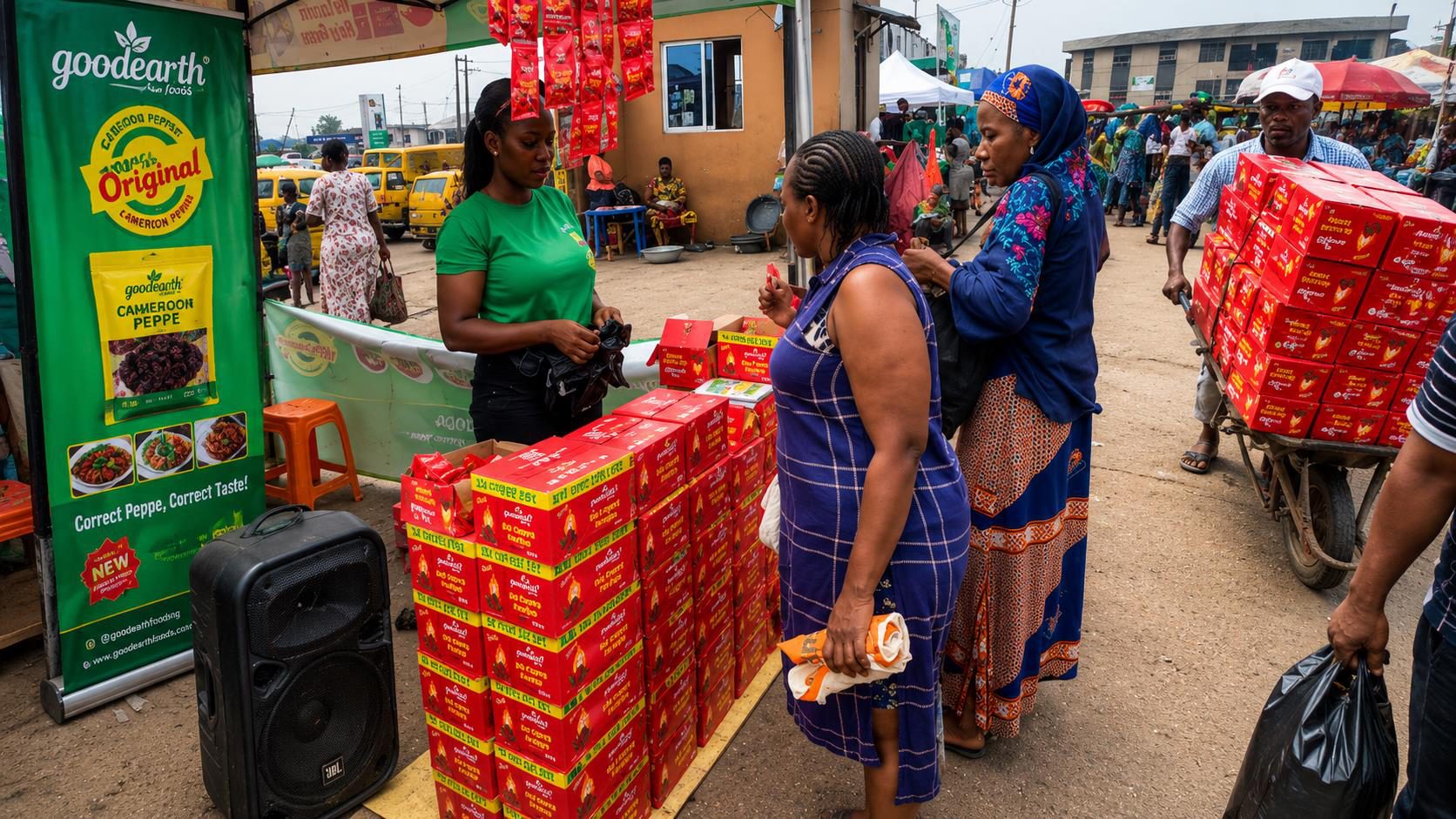 A Goodearth vendor selling premium peppe at a Nigerian market